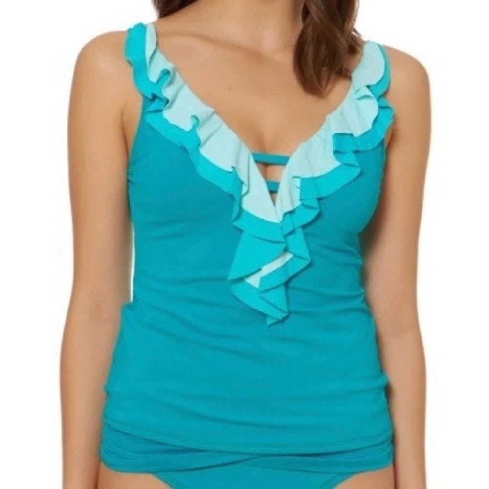 Blue Rod Beattie teal ruffled plunge Strap tankini